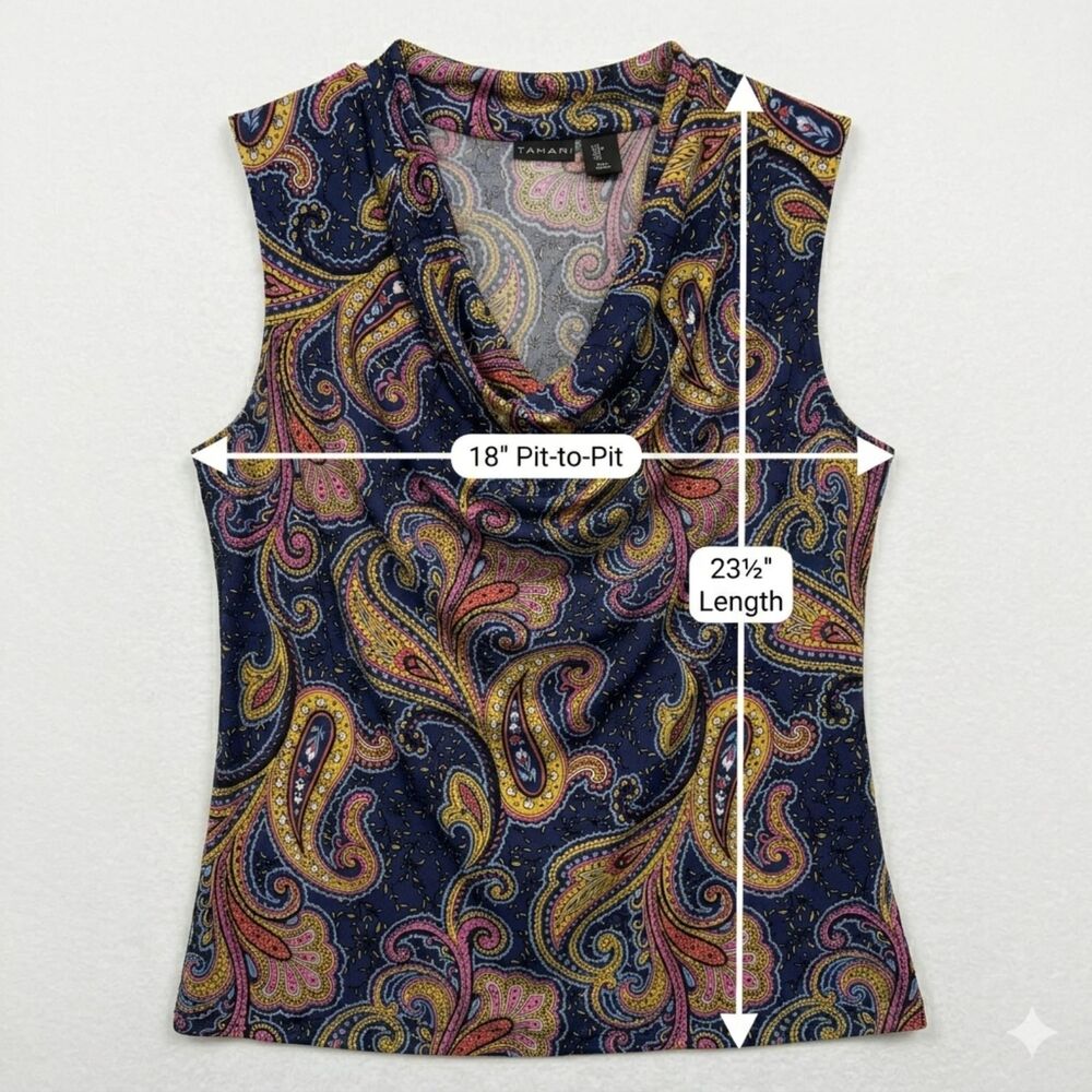 Tahari Paisley Cowl Neck Sleeveless Blouse L Navy Stretchy - Picture 2 of 6